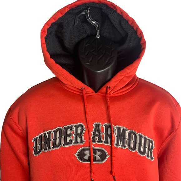 Men's Under Armour Pull Over Hoodie Embroidered Patch Letters Sz SM Red - Picture 2 of 7